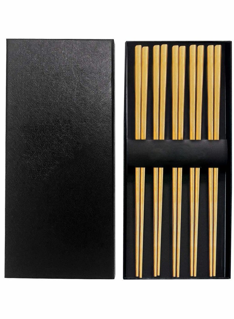 Chopsticks Stainless Steel Chopsticks Gold Reusable Chopsticks 5 Pairs Dishwasher Safe Metal Stainless Chopsticks Lightweight Easy to Use Square Lightweight Chop Sticks Gift Set - Image 1